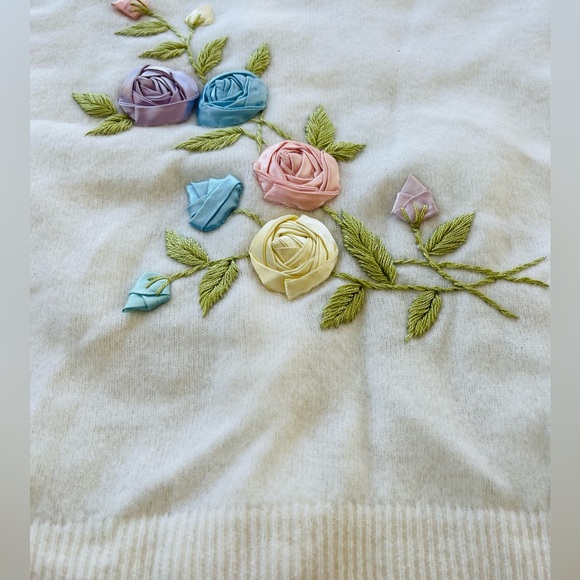 Original 50s Vintage Angora Lambswool Cardigan Sweater Large Flower Embellished - Picture 4 of 11